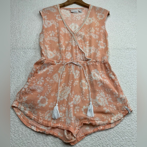 rhythm Women’s Sleeveless Romper Size Medium Orange Floral + Pockets 100% Cotton - Picture 7 of 8